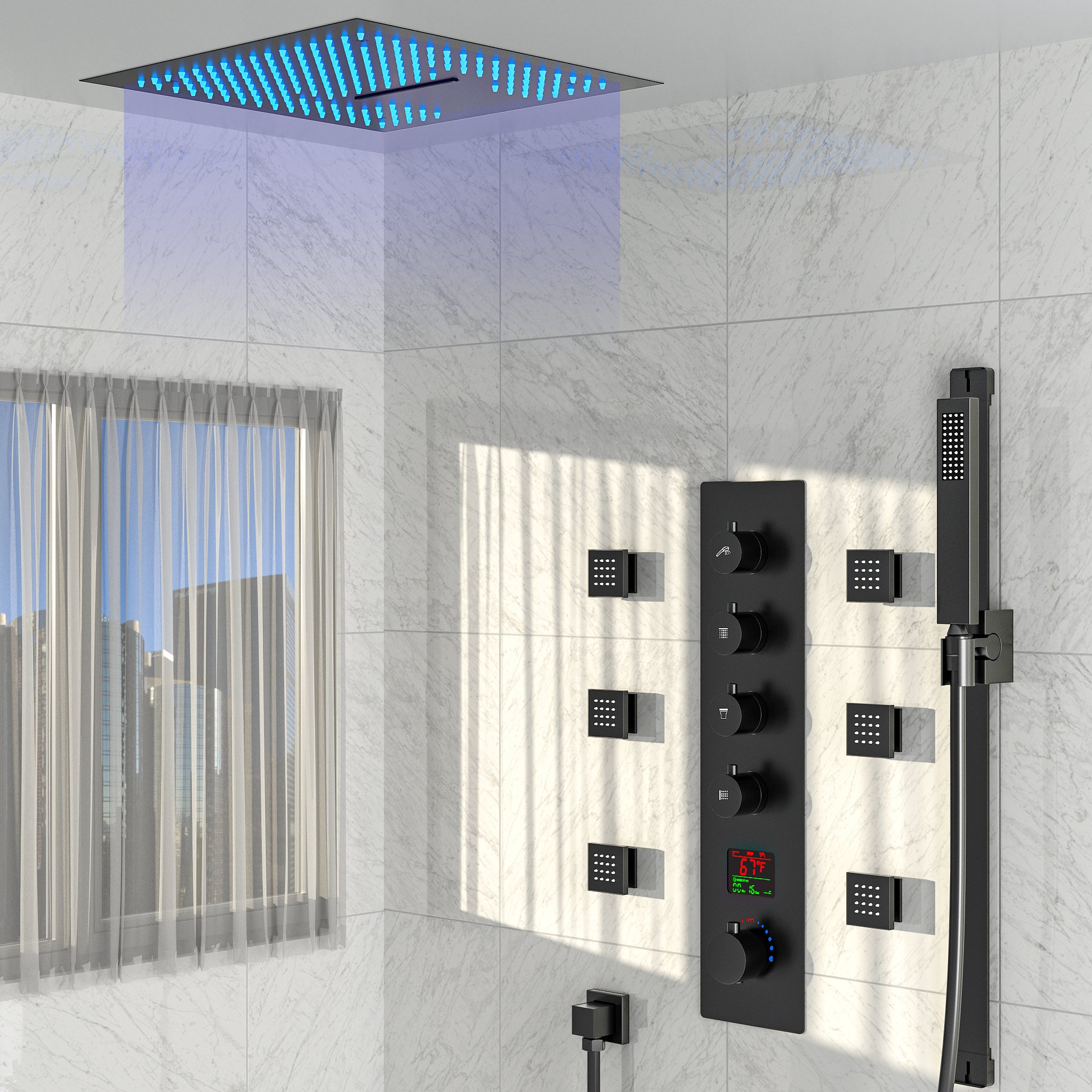 SFS-1027-BK16 EVERSTEIN LED Thermostatic Shower Head System with Rough-in Valve in Matte Black