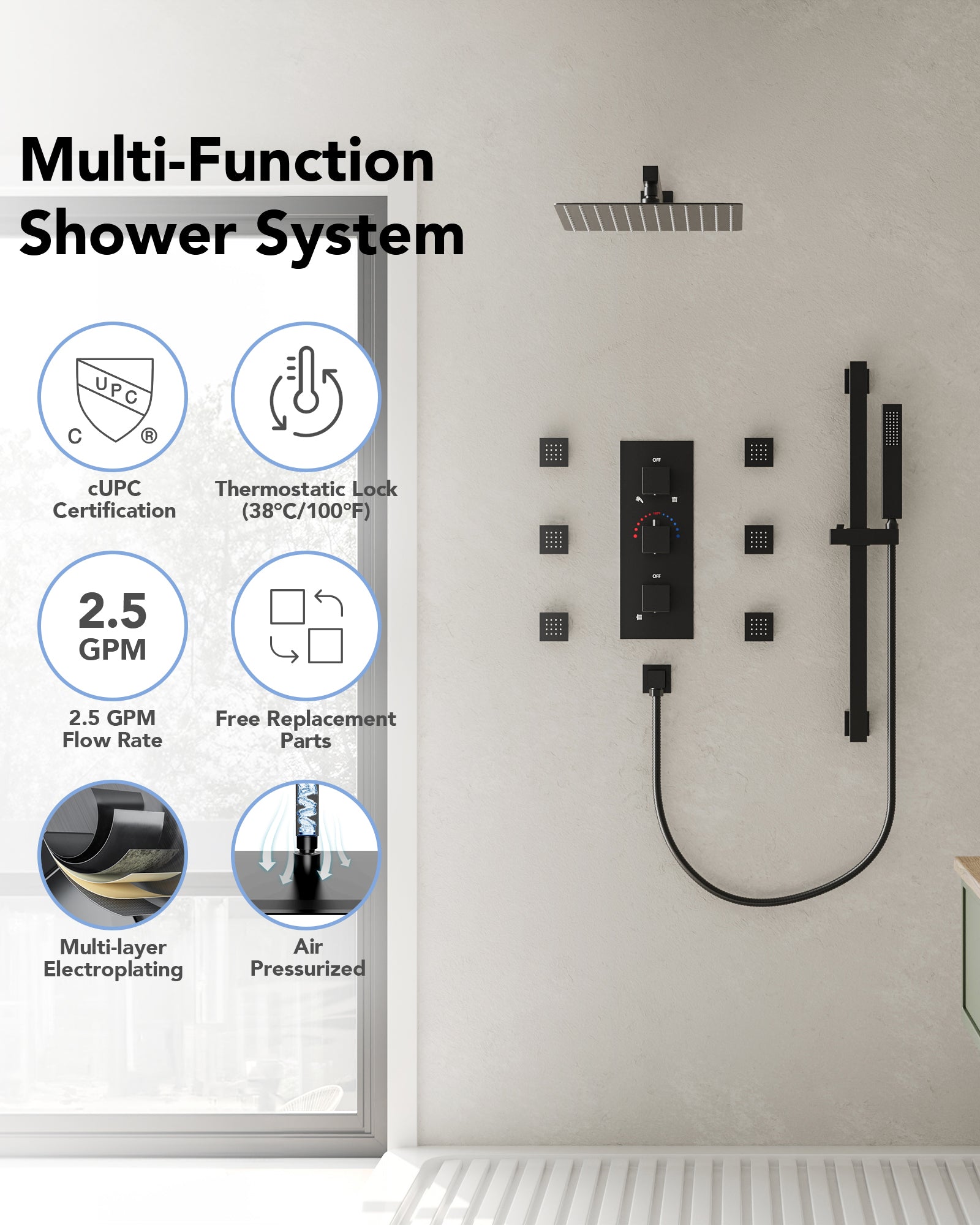 SFS-1016-BK12 EVERSTEIN Luxury wall mounted shower faucet system with fixed device and rough valve, with 6 body massage spray and hand-held shower faucet in Matte Black