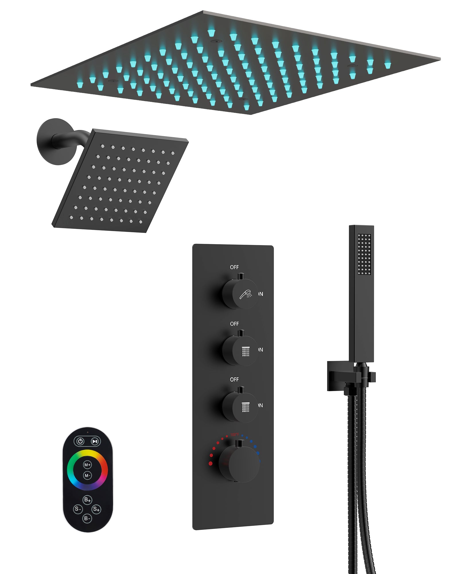 EVERSTEIN Color Changing Ceiling Mounted Shower System: 12" High Pressure Rainfall Dual Shower Heads, Remote Control, Matte Black