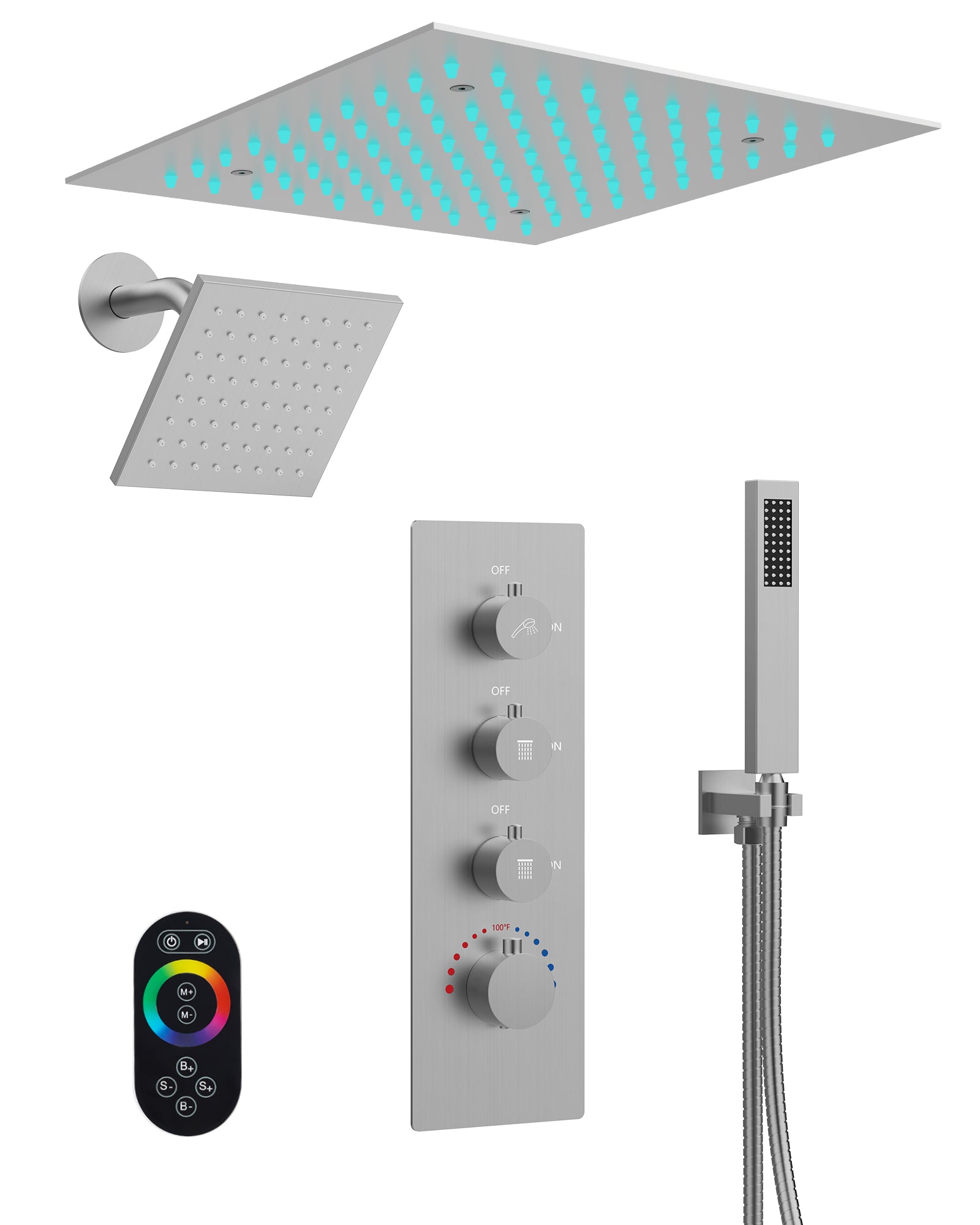 EVERSTEIN Ceiling Mounted Color Changing LED Shower System: 12" High-Pressure Rainfall Dual Shower Heads Set, Brushed Nickel