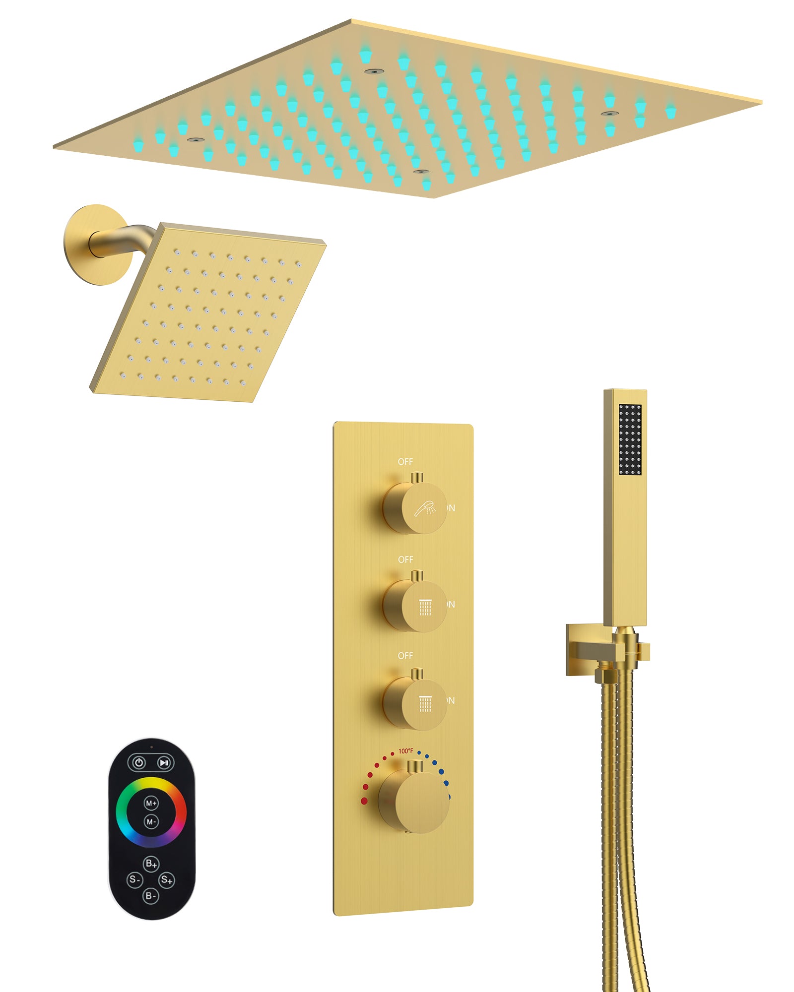 EVERSTEIN Color Changing Shower System: 12" High-Pressure Rain Dual Shower Heads, Ceiling Mounted, Remote Control, Brushed Gold