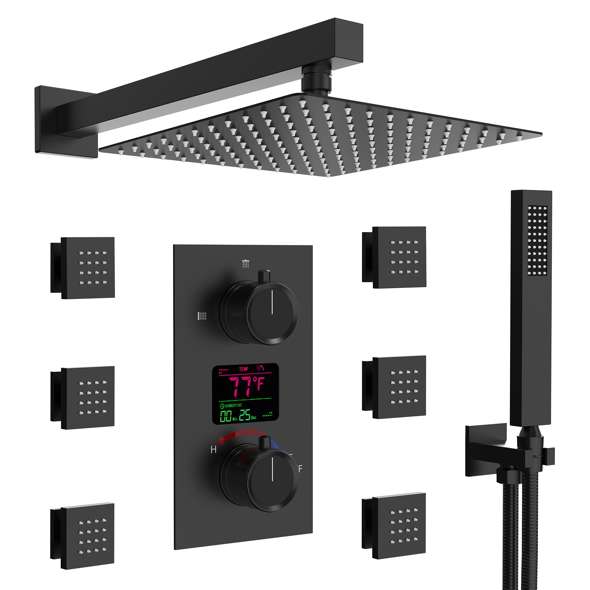 SFS-1014-BK12 EVERSTEIN Wall mounted constant temperature shower faucet with LED display rainwater shower system, equipped with 6 massage nozzles and hand-held spray