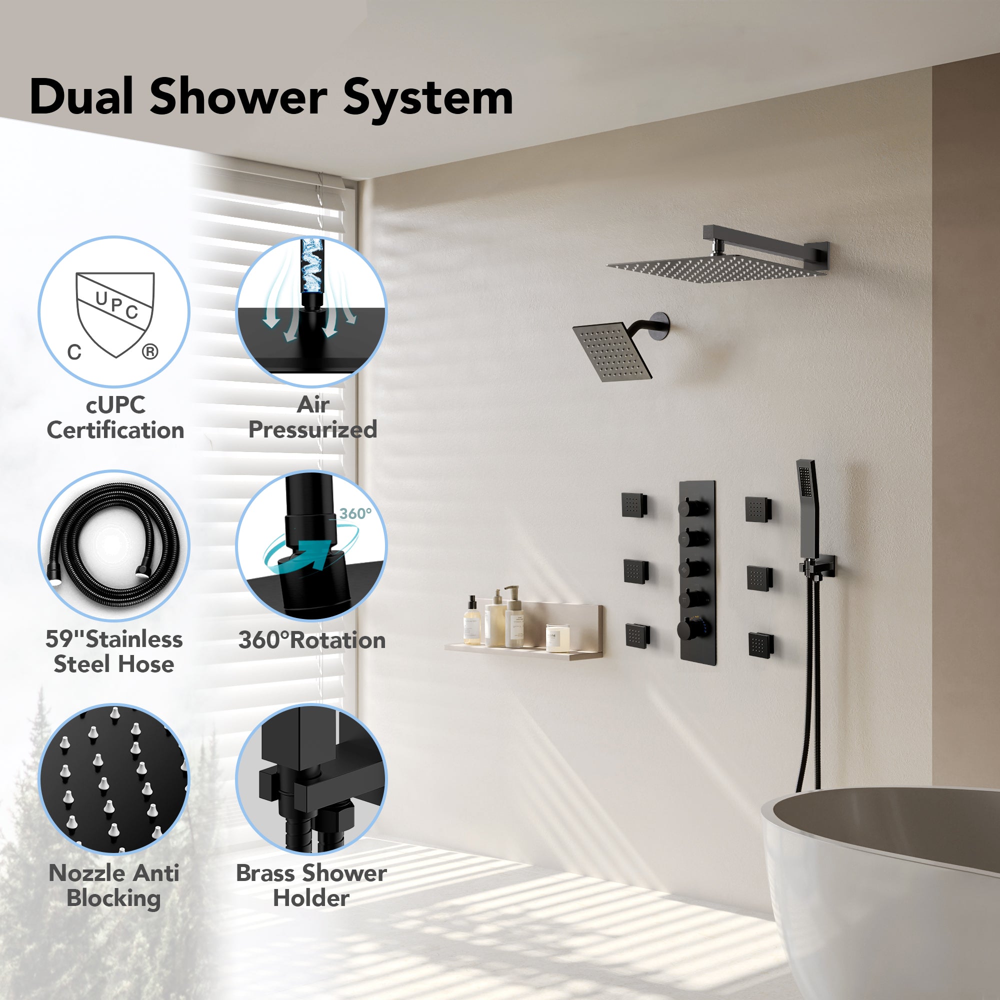 EVERSTEIN SFS-1064-BK16 16" High-Pressure Rainfall Complete Shower System with Rough-in Valve