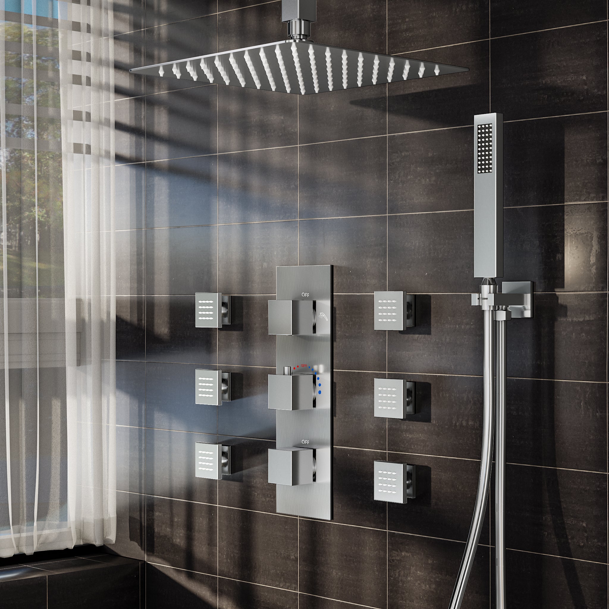 EVERSTEIN Luxury Shower System with Body Massage Jets & 12" Ceiling Rainfall Shower Head Set, Brushed Nickel Shower Fixtures