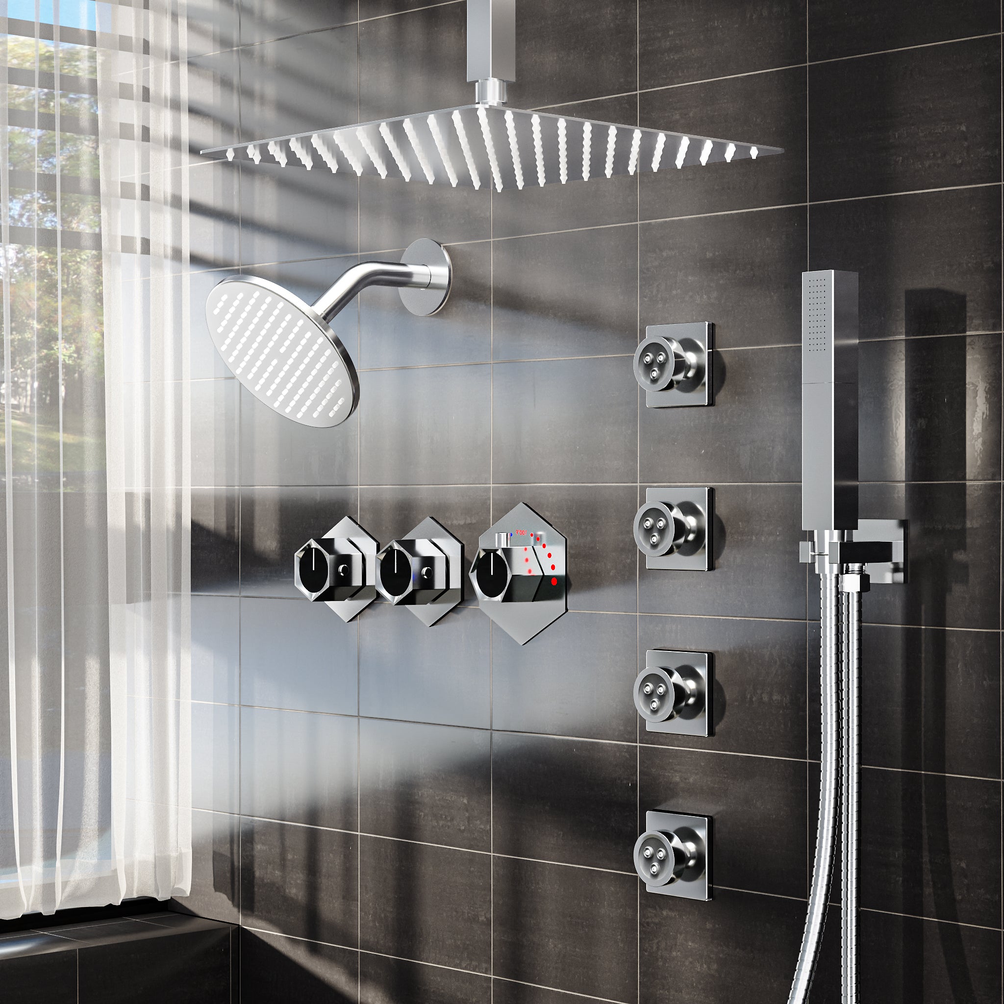 EVERSTEIN SFS-1039-NK12 12" Dual Rainfull Shower Faucet with 8-Spray Patterns, Celling Mounted and Rough-in Valve, 2.5 GPM
