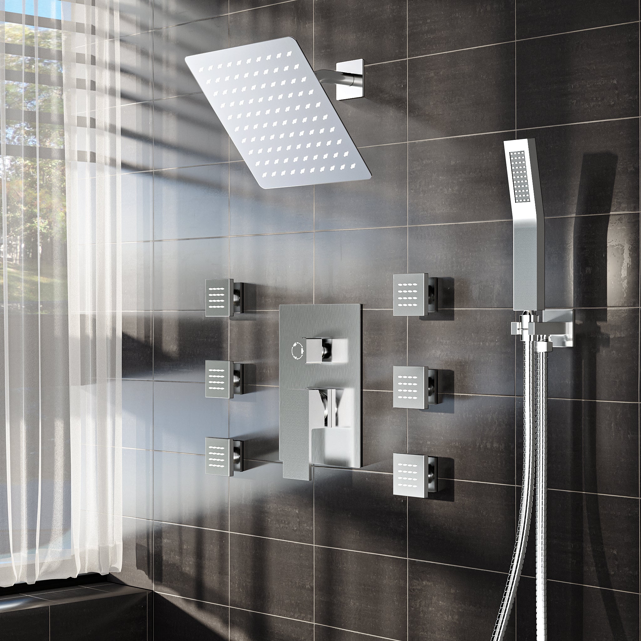 SFS-1037-NK8 10 in. Wall Mount Dual Shower Head and Handheld Shower 2.5 GPM with 6-Jets in Brushed Nickel (Valve Included)