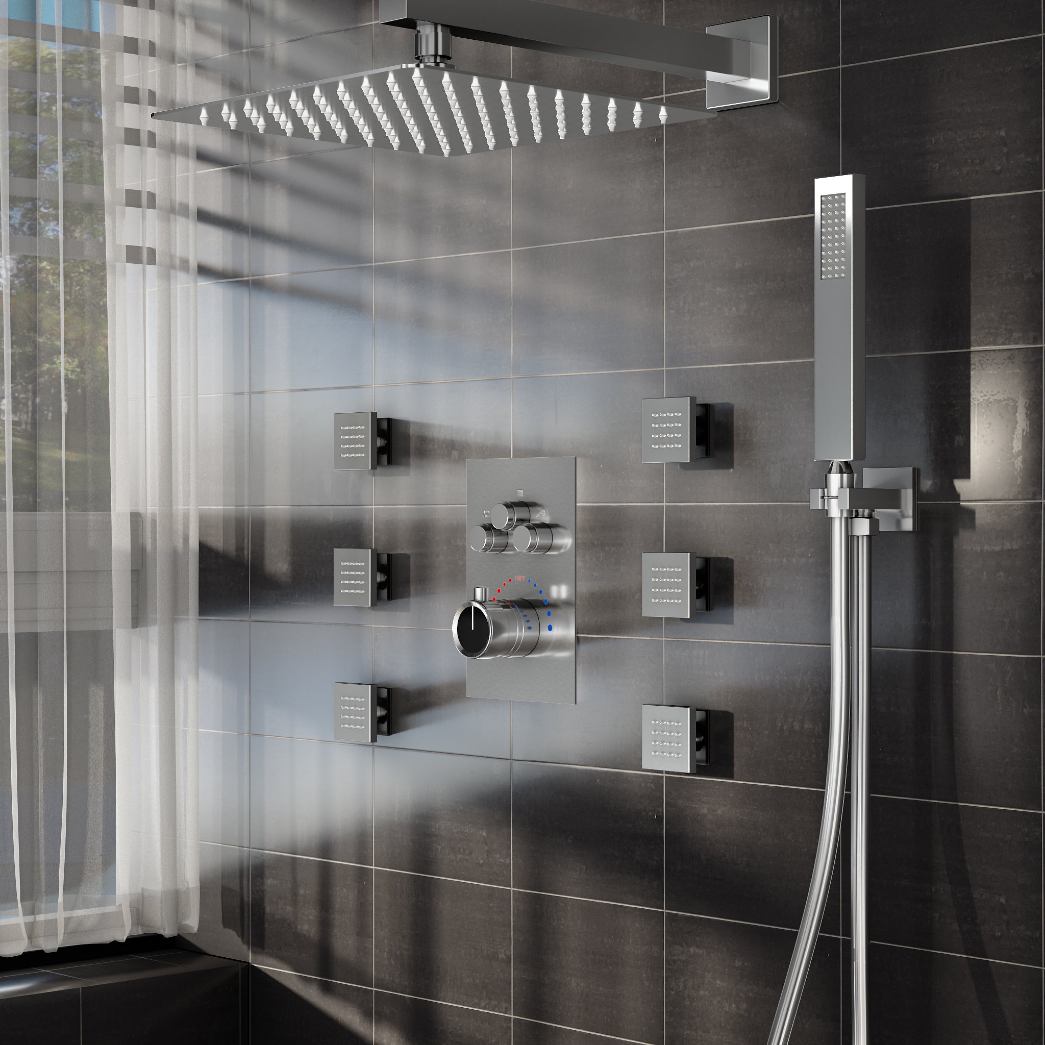 EVERSTEIN Rain Shower System with Body Massage Jets - 12" Square Shower Head, Brushed Nickel Shower System