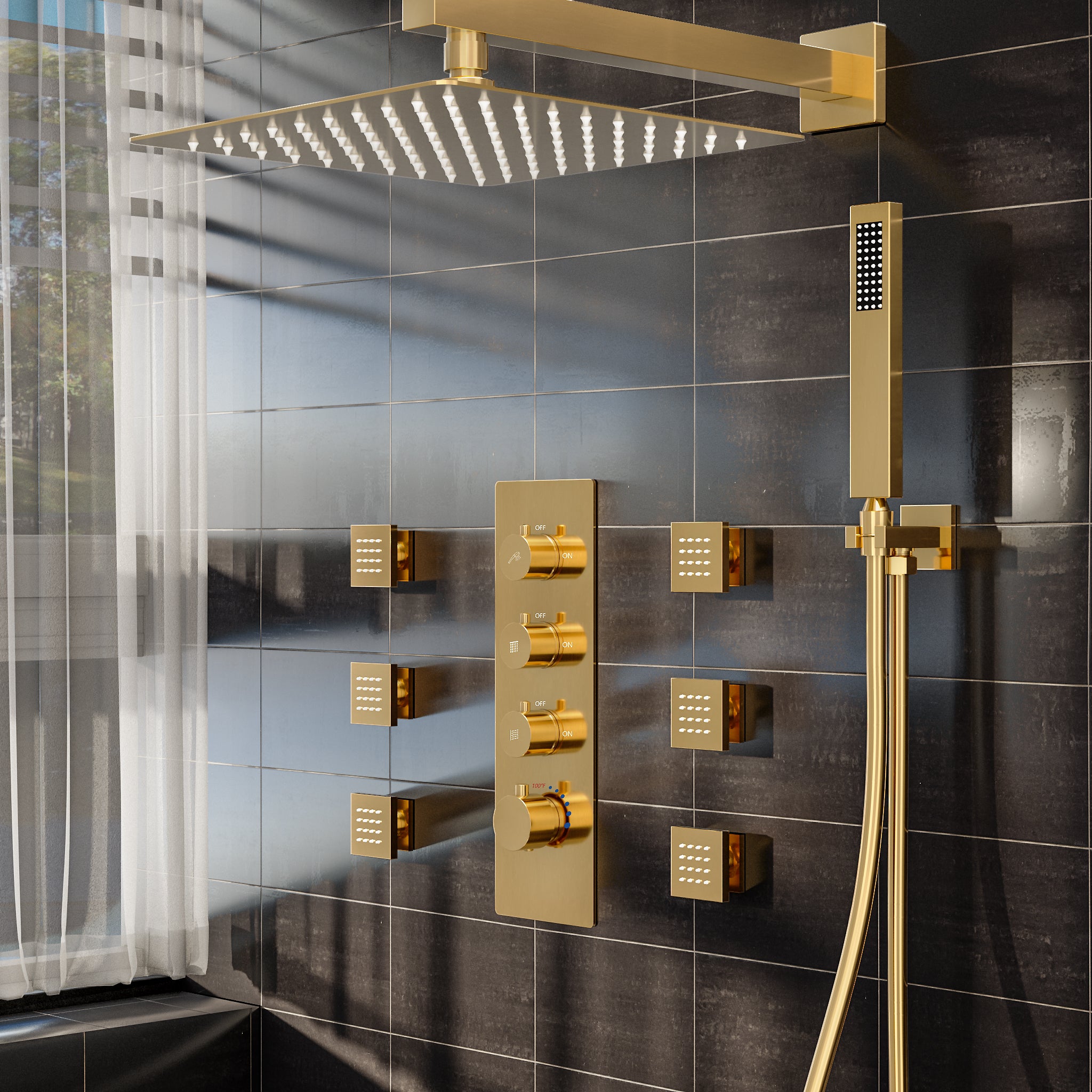 EVERSTEIN Rain Shower Head System - High-Pressure 12" Showerhead & Adjustable Body Massage Jets, Gold Shower Faucet Set