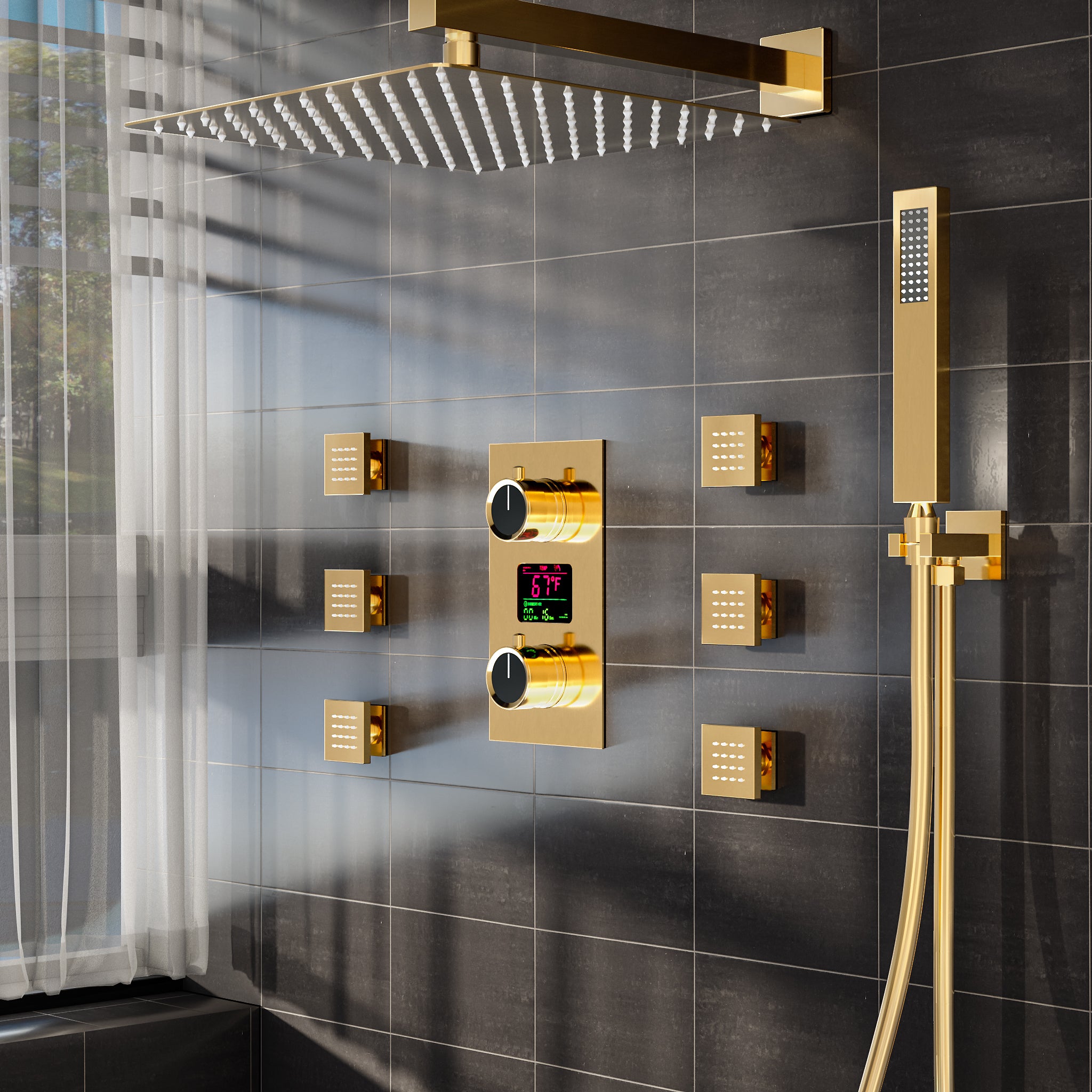 SFS-1014-GD12 EVERSTEIN Wall Mounted Constant Temperature Shower Faucet with LED Display Rain Shower System, with 6 Massage Nozzles and Hand-held Spray,Brushed Gold