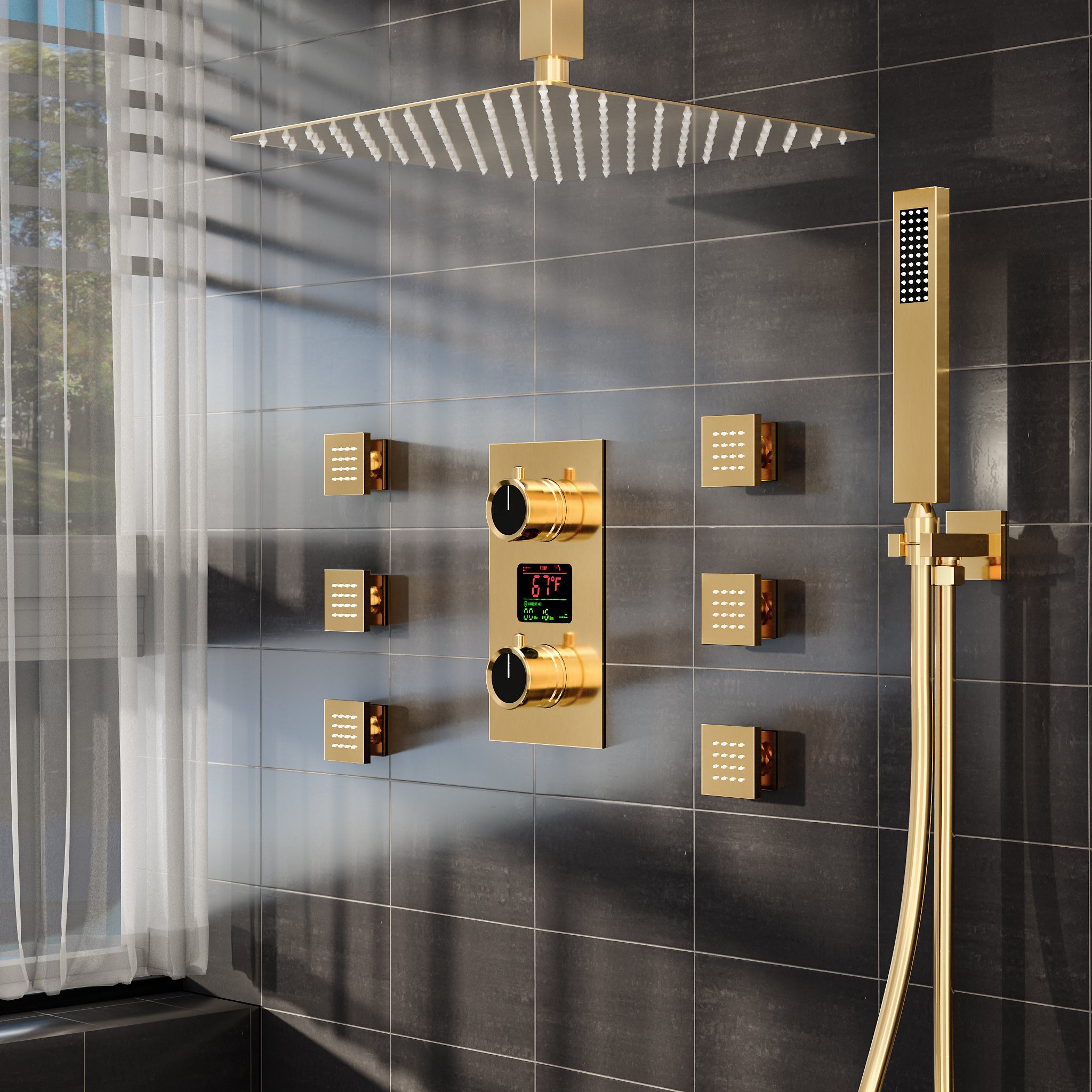 SFS-1015-GD12 EVERSTEIN Ceiling installation Constant Temperature Shower Faucet with LED Display Rain Shower System, with 6 Massage Nozzles and Hand-held Spray,Brushed Gold