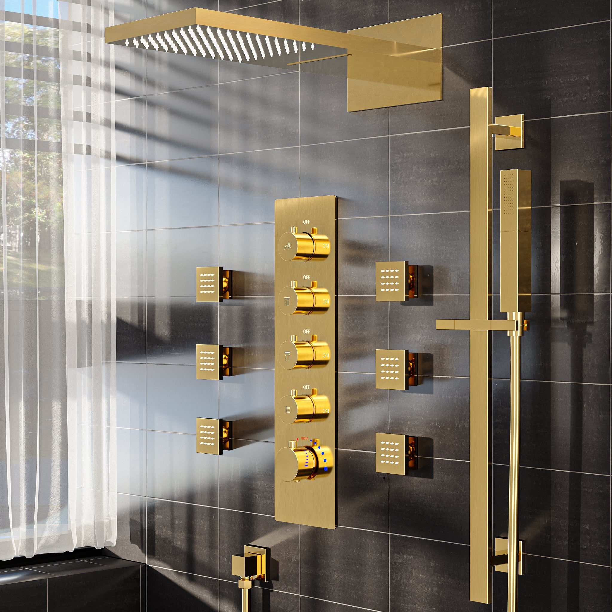 EVERSTEIN Luxury 22" High-Pressure Rainfall & Waterfall Shower Head System with 6 Body Jets and Adjustable Height Handheld Wand - Wall-Mounted, Built-In Valve,  Brushed Gold SFS-1030-GD22
