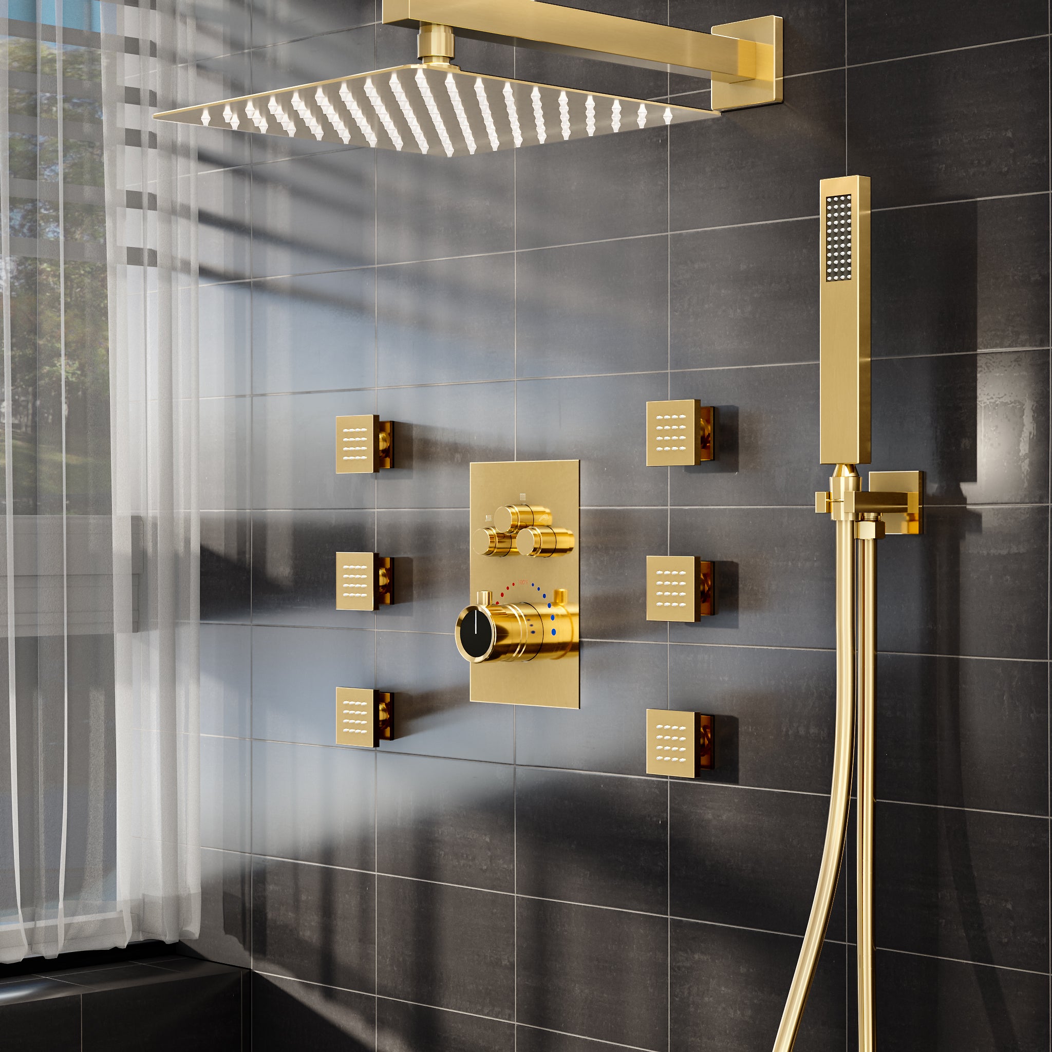 EVERSTEIN Rain Shower System with Body Massage Jets Combo - 12" Square Shower Head, Brushed Gold Faucet Set