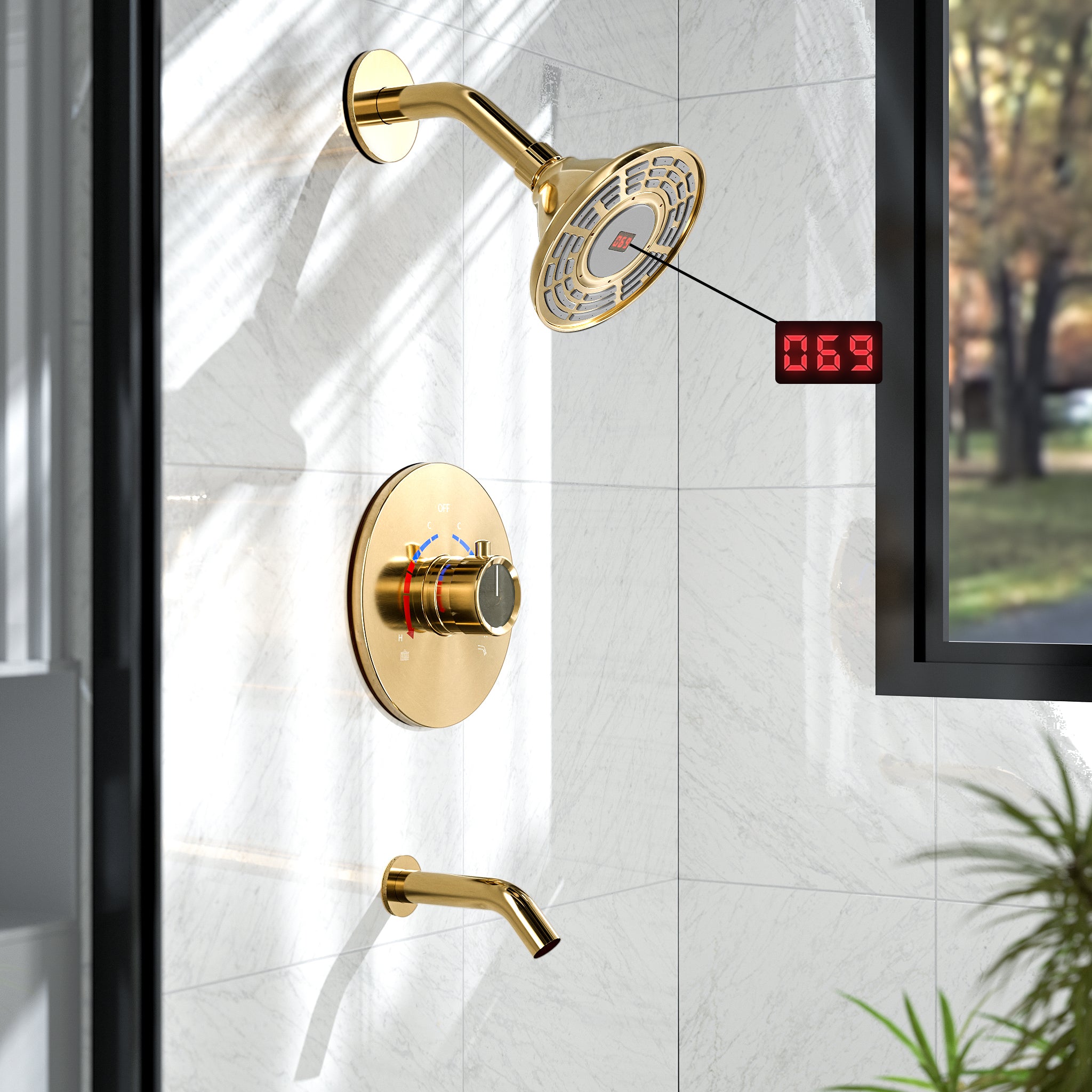 SFS-1018-GD5 EVERSTEIN Digital display constant temperature shower faucet with rough valve in Brushed Gold