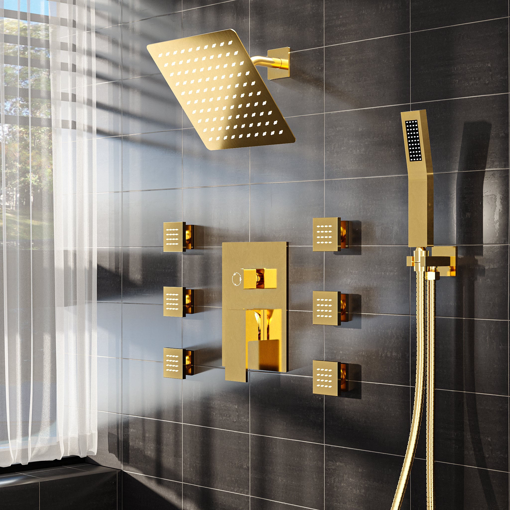 SFS-1037-GD8 10 in. Wall Mount Dual Shower Head and Handheld Shower 2.5 GPM with 6-Jets in Brushed Gold (Valve Included)