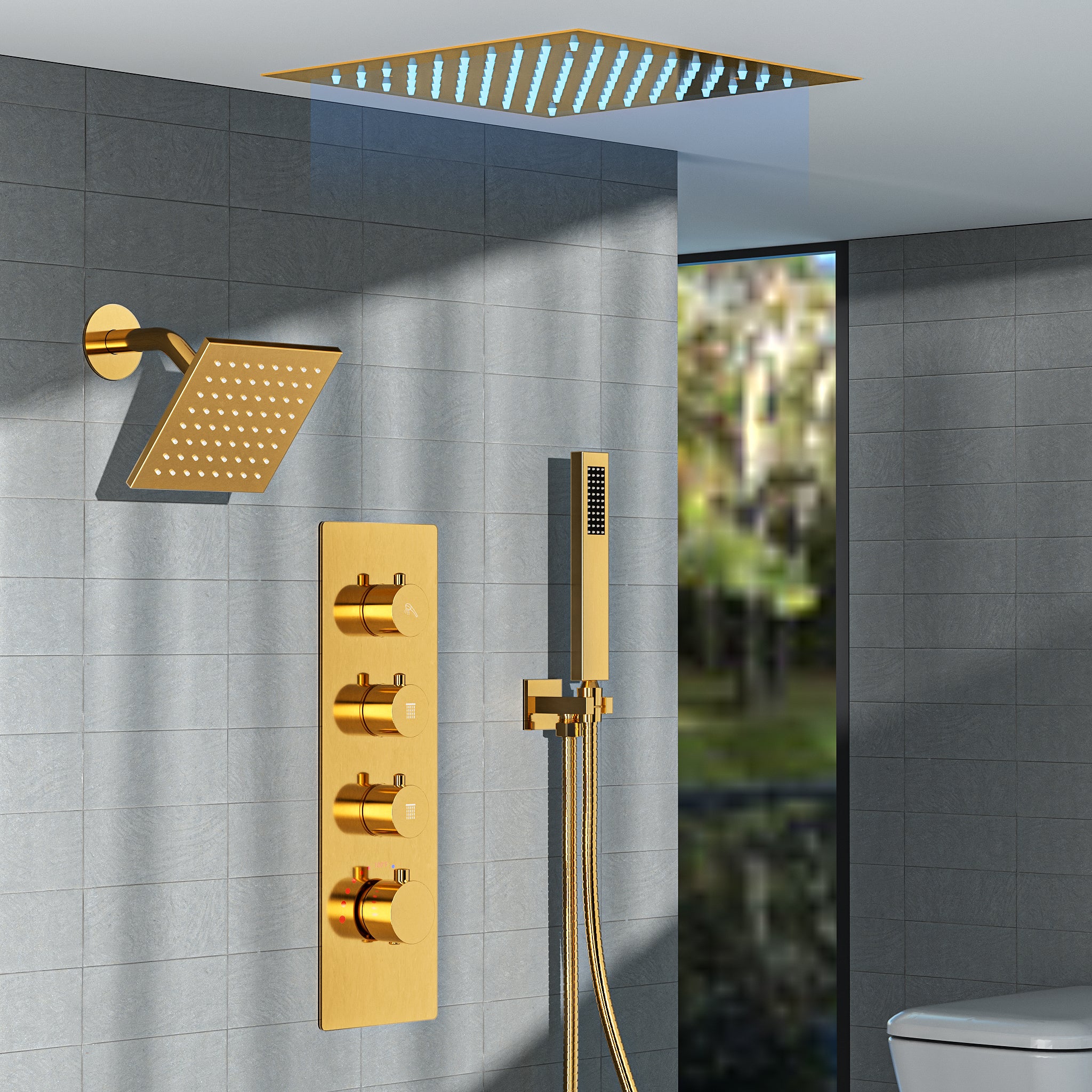 EVERSTEIN Color Changing Shower System: 12" High-Pressure Rain Dual Shower Heads, Ceiling Mounted, Remote Control, Brushed Gold