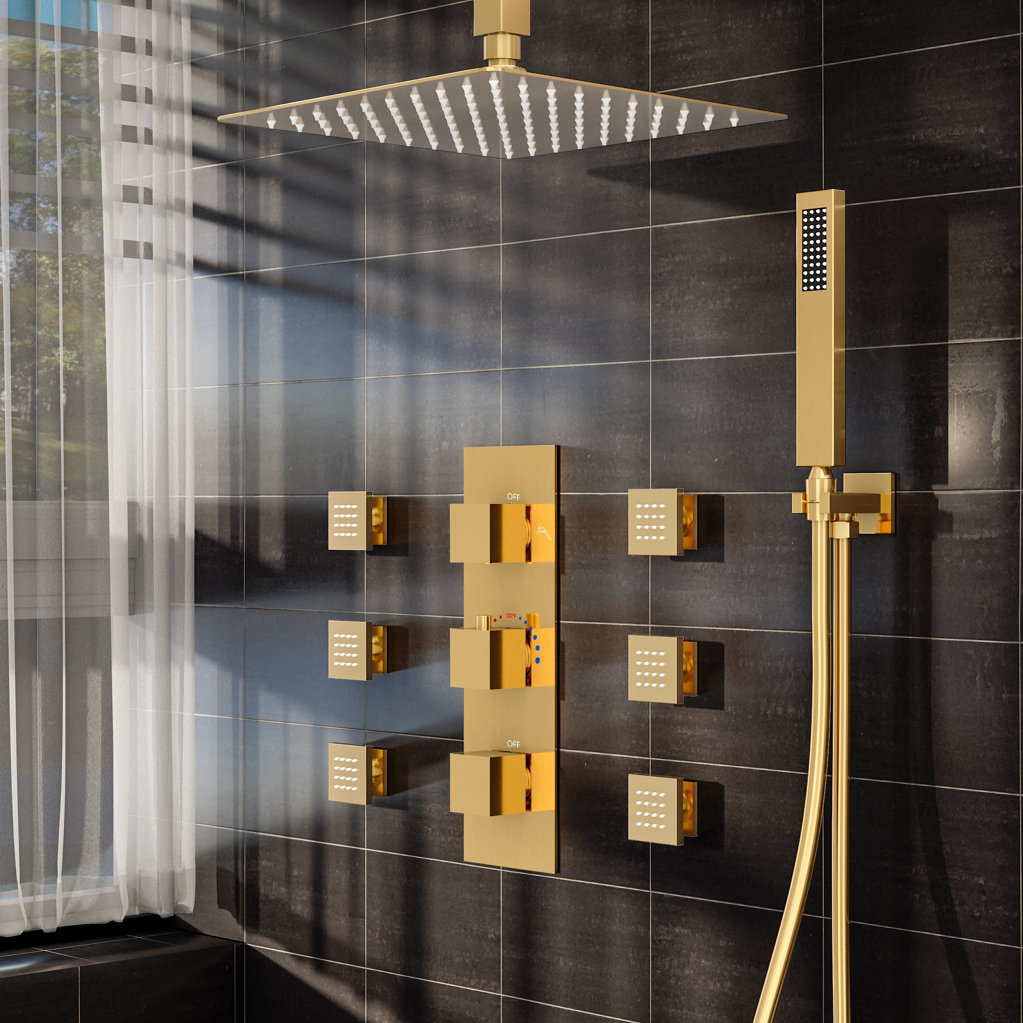 EVERSTEIN Luxury Shower System with Body Massage Jets & 12" High Pressure Ceiling Rainfall Shower Head, Brushed Gold Faucet Set