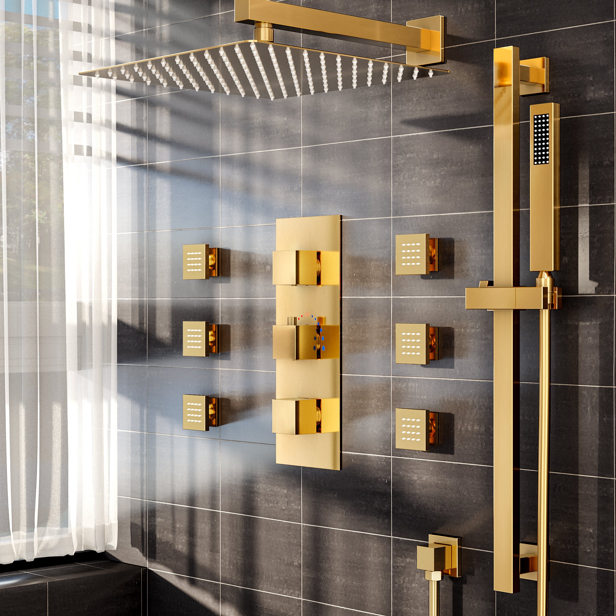 SFS-1016-GD12 EVERSTEIN Luxury wall mounted shower faucet system with fixed device and rough valve, with 6 body massage spray and hand-held shower faucet in Brushed Gold