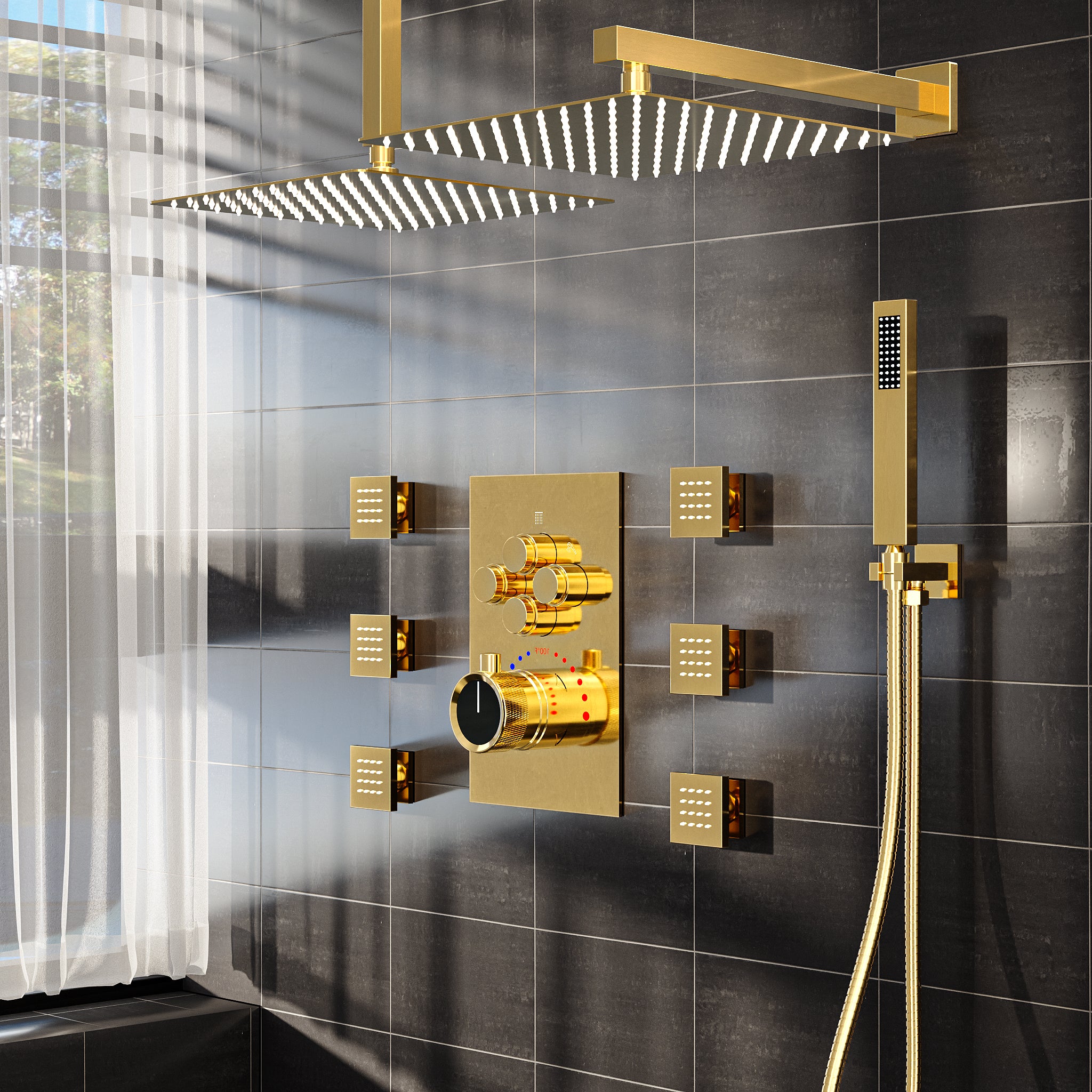 SFS-1032-GD12 12 in. Ceiling Mount Dual Shower Head and Handheld Shower 2.5 GPM with 6-Jets in Brushed Gold(Valve Included)