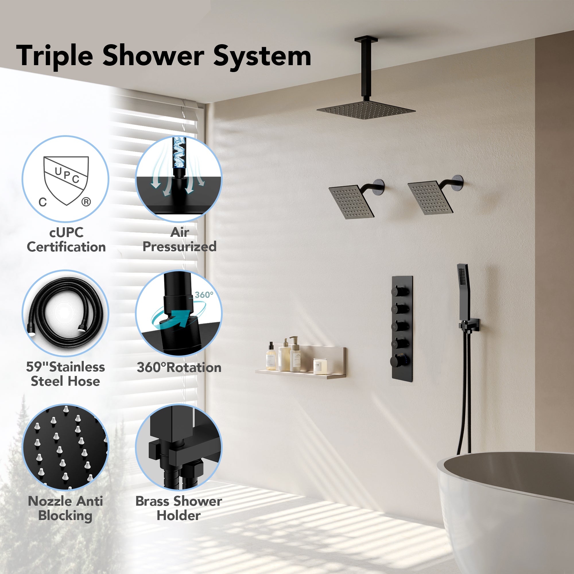 EVERSTEIN SFS-1062-BK16 16" High-Pressure Rainfall Complete Shower System with Rough-in Valve
