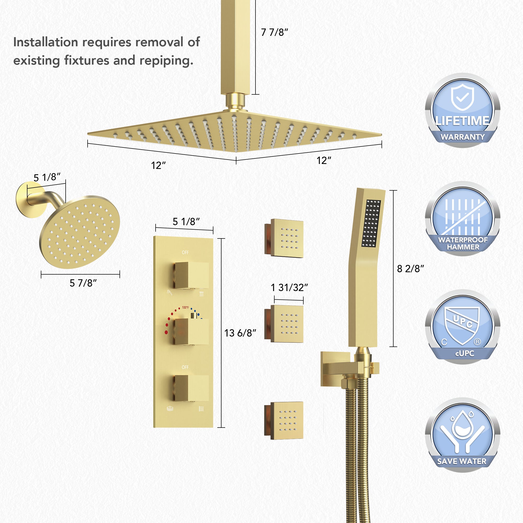 Gold Twin Shower Heads Sizing Diagram