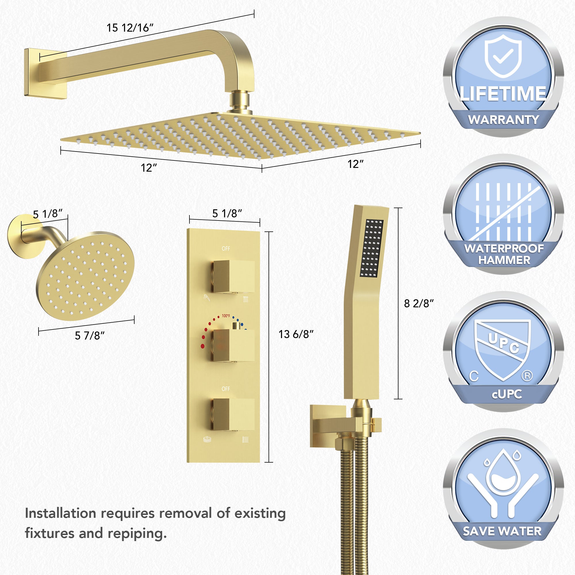 Gold Schematic of Double Top Spray Shower Dimensions
