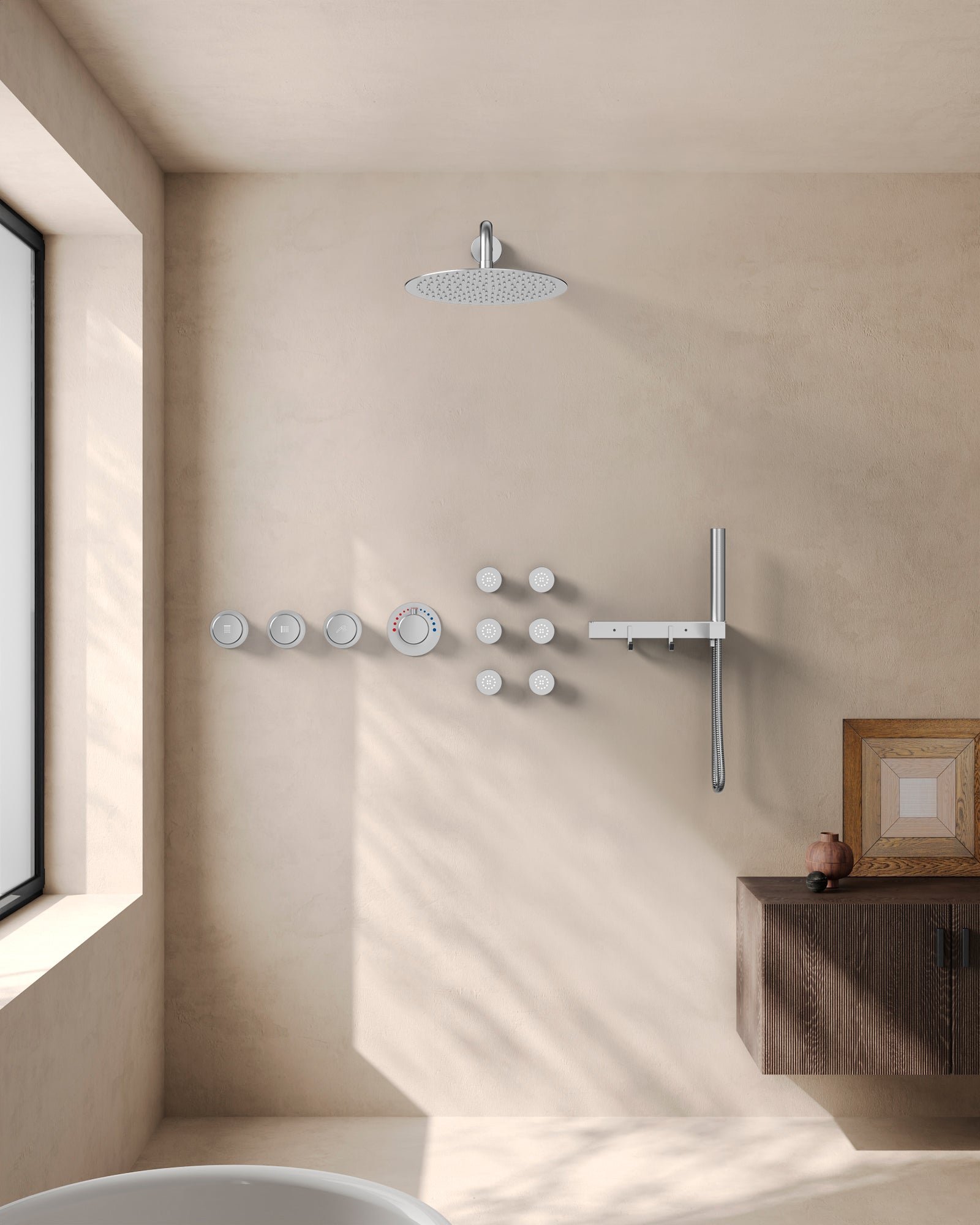 Detailed scene graph of M6271NI multi-function shower system in a contemporary bathroom