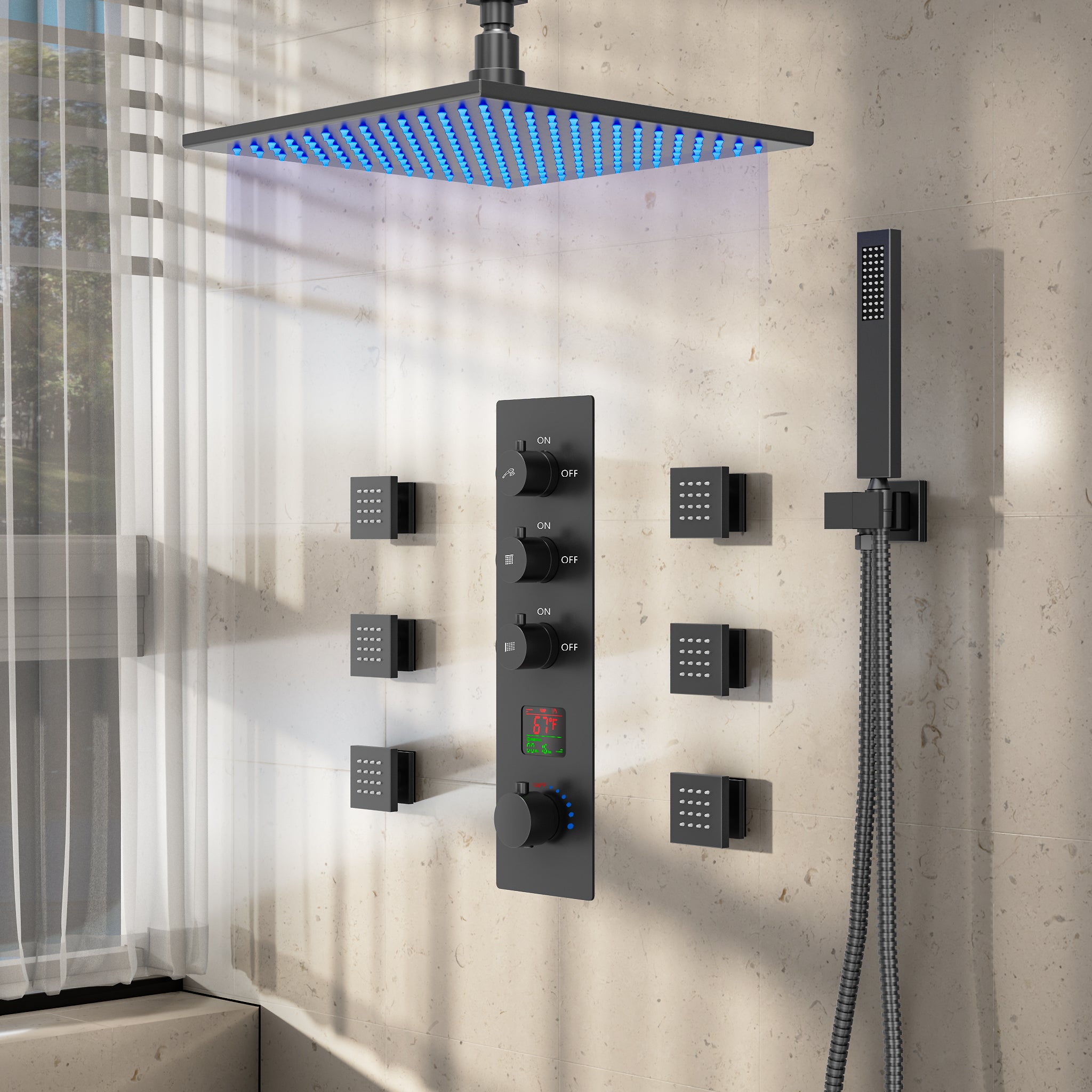 SFS-1026-BK12 EVERSTEIN LED Thermostatic Dual Function Shower Head System Ceiling Mounted with Rough-in Valve in Matte Black