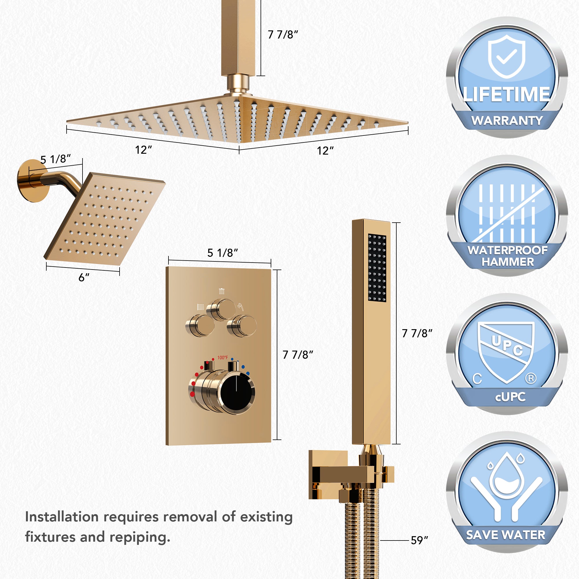 Dimensions guide for bathroom shower system fixtures set with handheld sprayer from top supplier_jpg