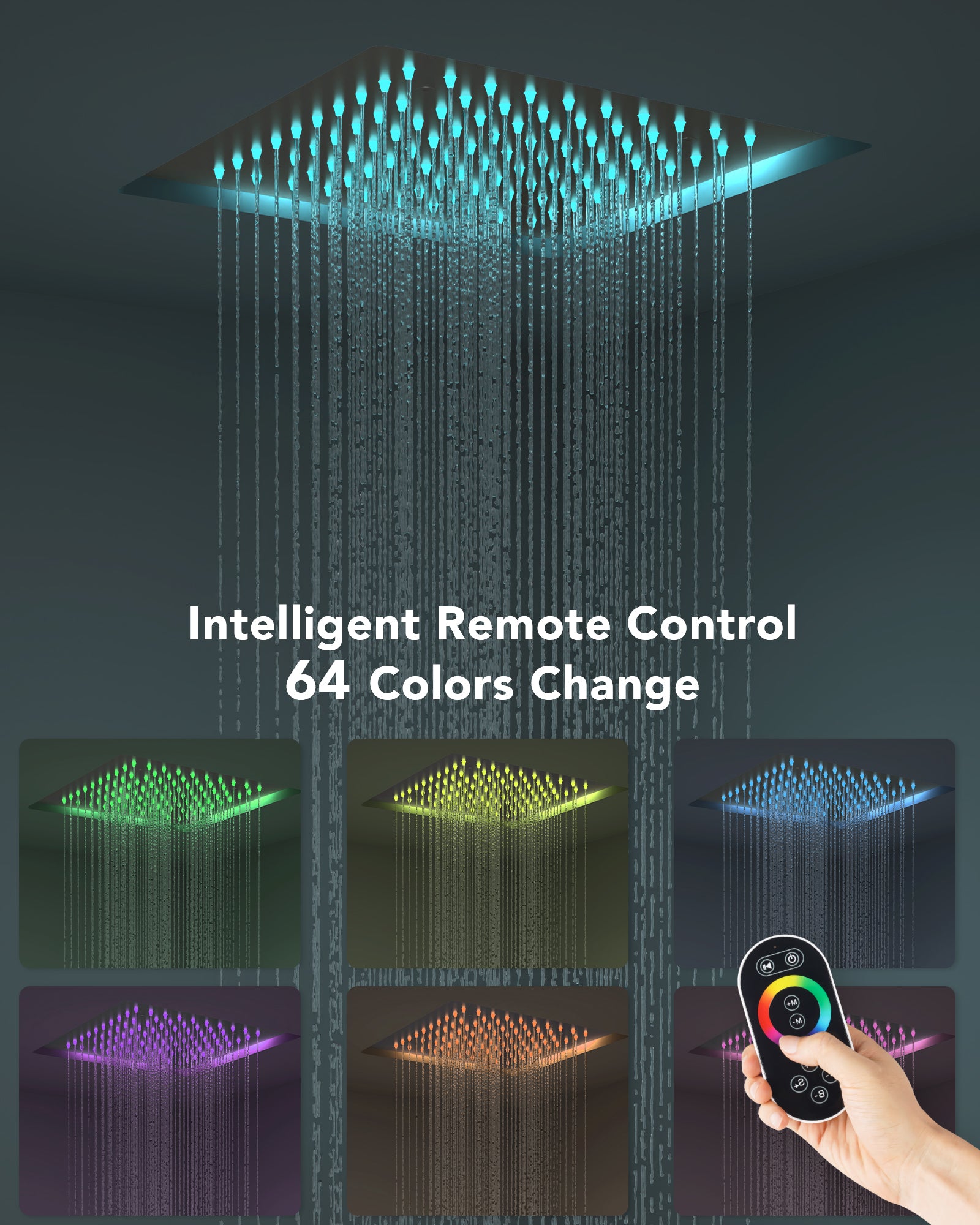 Color-changing LED lights in ceiling shower head system with remote control for a dynamic bathing experience_jpg