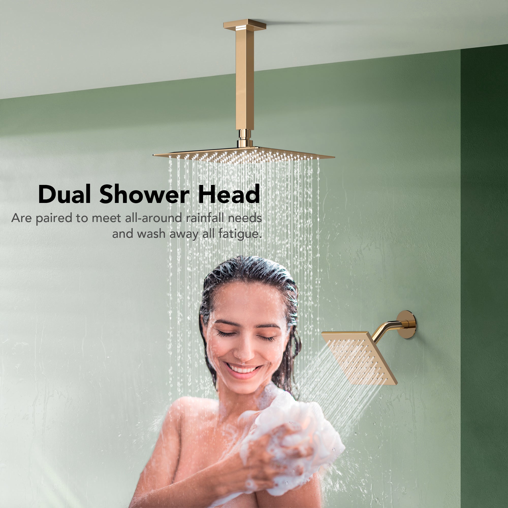 Woman showering under dual shower heads in a contemporary bathroom fixture setup