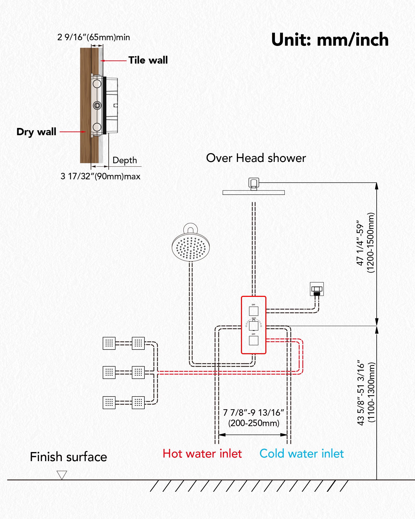 Visual installation instructions for the Everstein SFS-1017 luxury shower faucet system