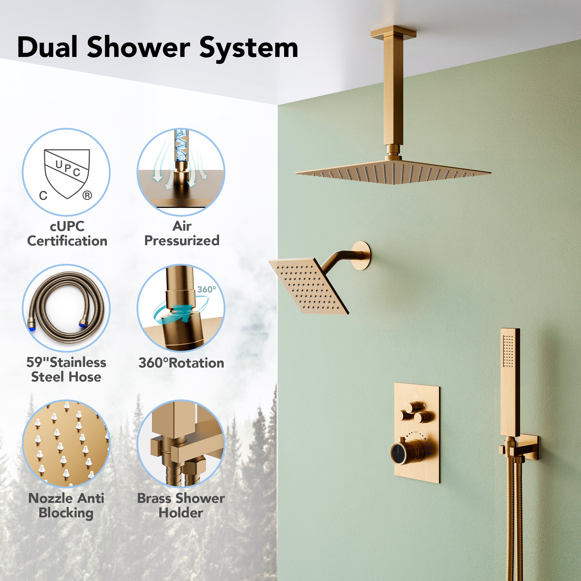 Comprehensive view and features analysis of rain shower head set, including ceiling and wall-mount options_jpg